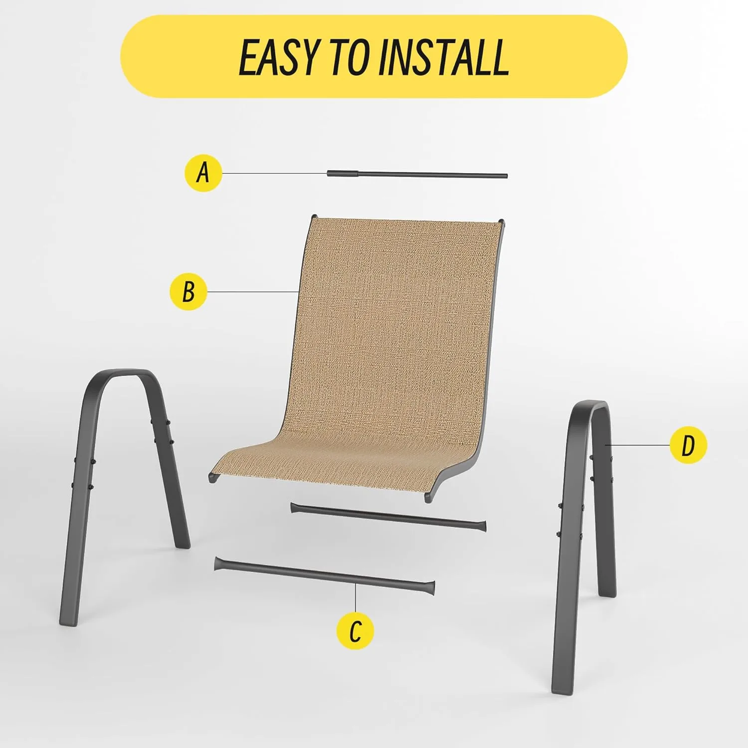 Patio Chairs Set of 6, Stackable Outdoor Dining Chairs Set with Breathable Seat Fabric, All-Weather Powder-Coated Metal Frame for Deck, Pool Side and Backyard, 350LBS Capacity (Khaki)