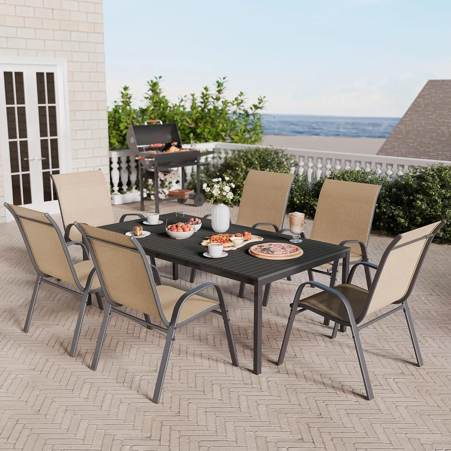 Patio Chairs Set of 6, Stackable Outdoor Dining Chairs Set with Breathable Seat Fabric, All-Weather Powder-Coated Metal Frame for Deck, Pool Side and Backyard, 350LBS Capacity (Khaki)