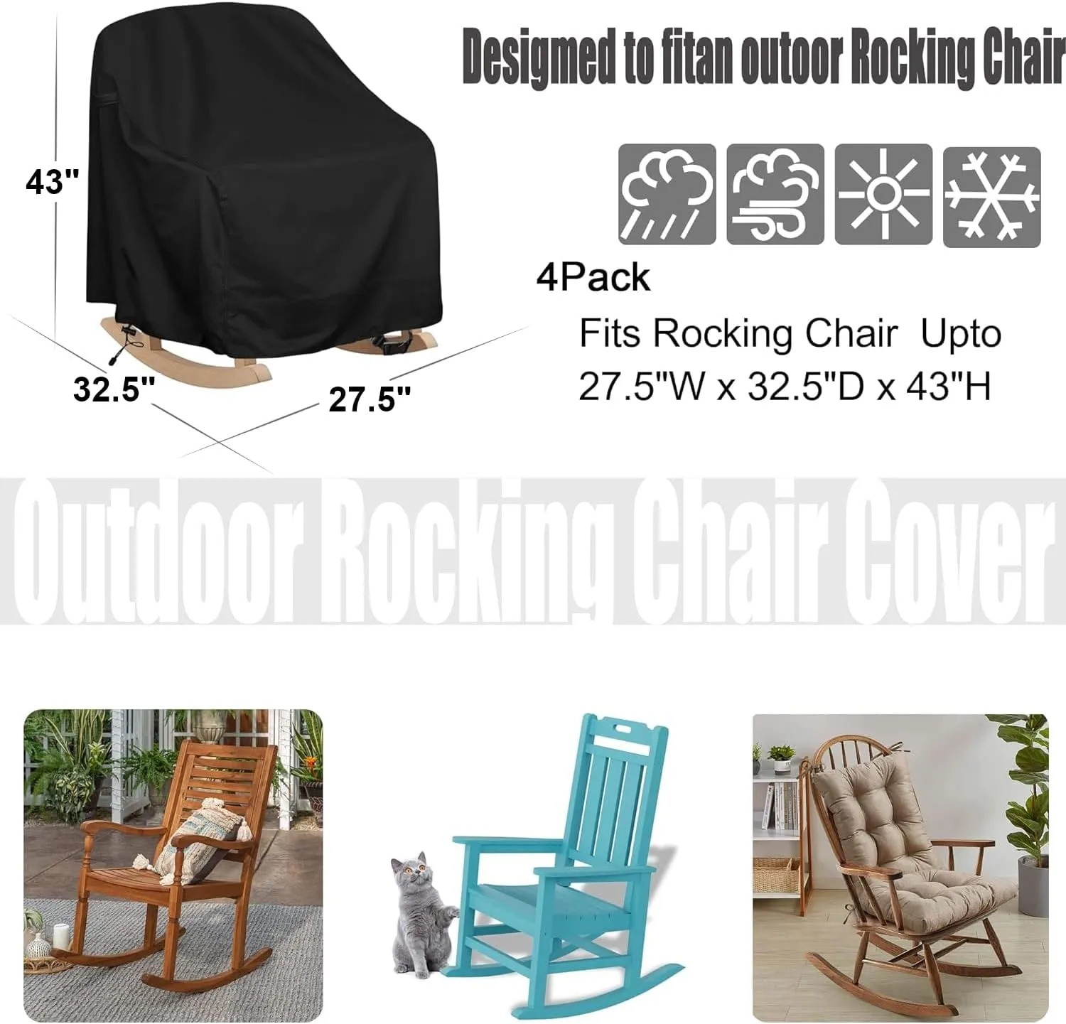 Patio Rocking Chair Cover 4 Pack, Fits (27.5"W x 32.5"D x 43"H) Lawn Patio Chairs, 420D Tear-Resistant, UV Resistant, Waterproof for Furniture Covers