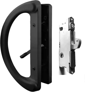 Patio Sliding Glass Door Handle Set with 45° Mortise Lock Suitable for Sliding Glass Patio Door Thickness from 1-1/2" to 1-3/4", Fits 3-15/16” Screw Hole Spacing, Reversible Design(Non-Handed), Black