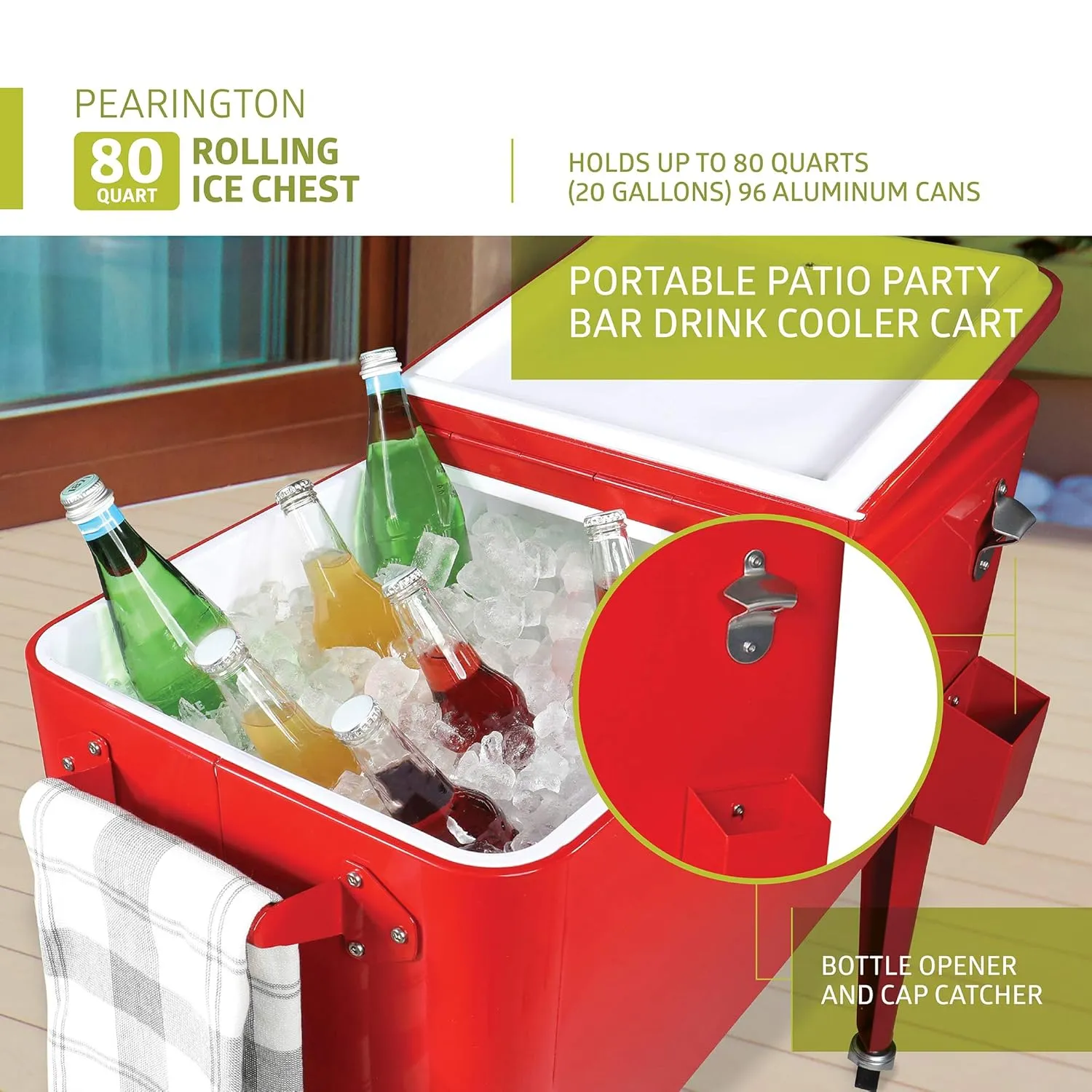 Pearington 80 Quart Rolling Ice Chest, Portable Patio Party Bar Drink Cooler Cart, Beverage Pool with Bottle Opener, Ruby