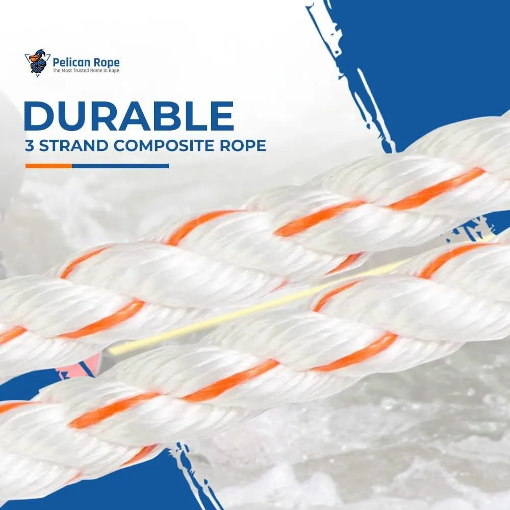 Pelican Rope Poly Dacron Rope (3/4 inch) – Twisted 3 Strand Composite Line with Polypropylene Core - Marine, Arborist, Commercial (Orange Tracer - 50 feet)