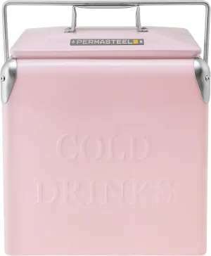Permasteel 14-Qt Small Retro Vintage Ice Chest - Hard Metal Portable Beverage Cooler for Camping, Beach, and Picnic - Classic Style Personal Cooler, Pink