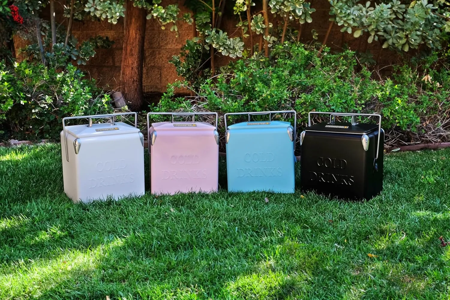 Permasteel 14-Qt Small Retro Vintage Ice Chest - Hard Metal Portable Beverage Cooler for Camping, Beach, and Picnic - Classic Style Personal Cooler, Pink