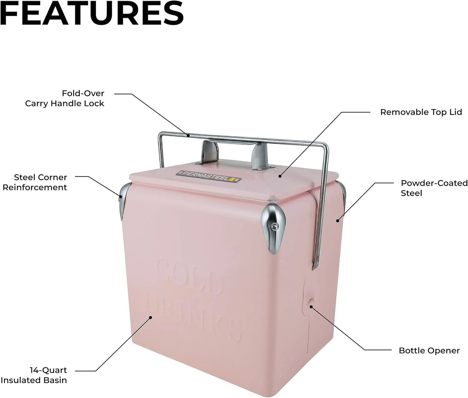 Permasteel 14-Qt Small Retro Vintage Ice Chest - Hard Metal Portable Beverage Cooler for Camping, Beach, and Picnic - Classic Style Personal Cooler, Pink