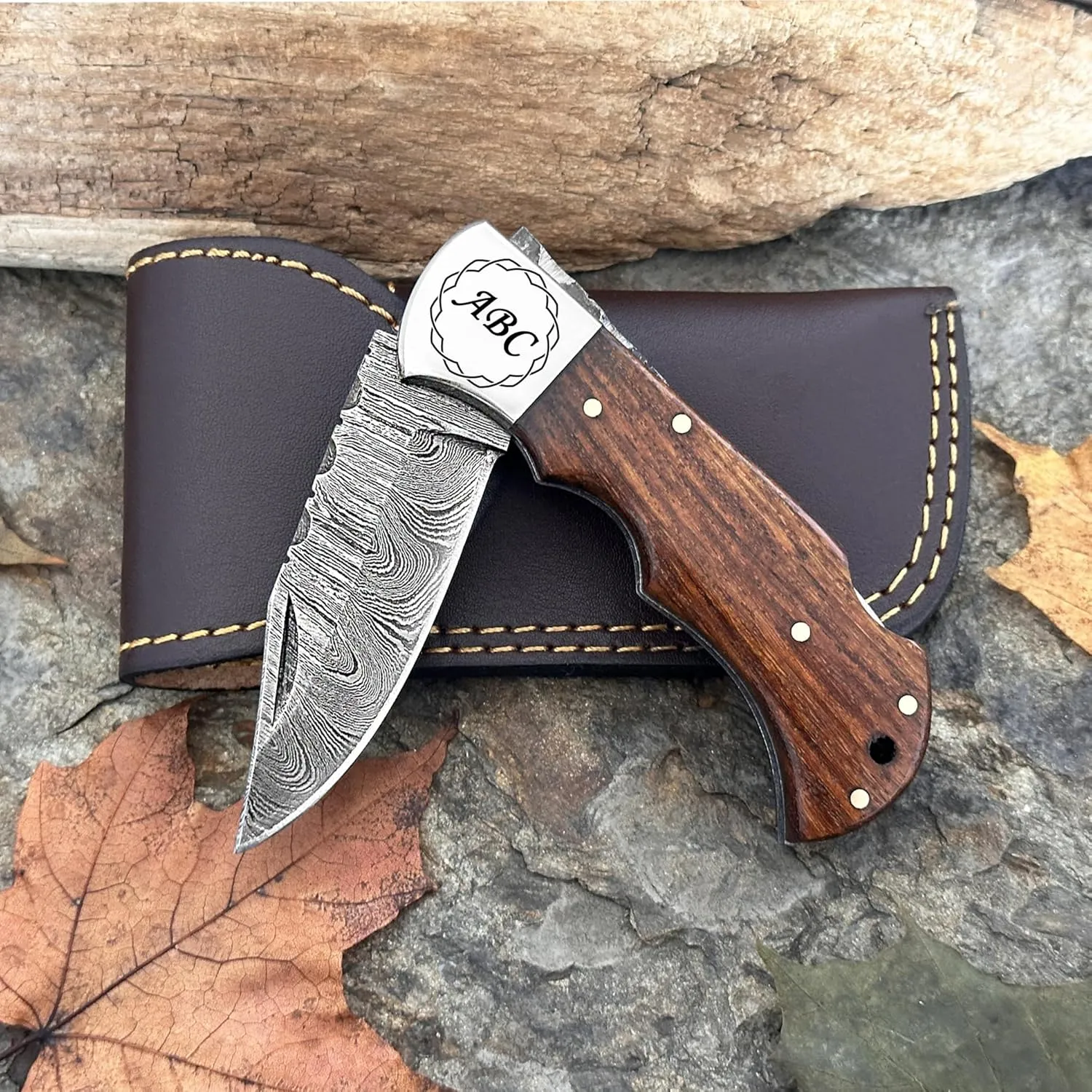 Personalized Engraved Damascus Steel Pocket Folding Knife Customized Groomsmen Gifts Gift for Husband Dad Blade Made of Authentic Damascus Steel 100% Handmade 6.5'" Knife for Outdoor Camping Back Lock