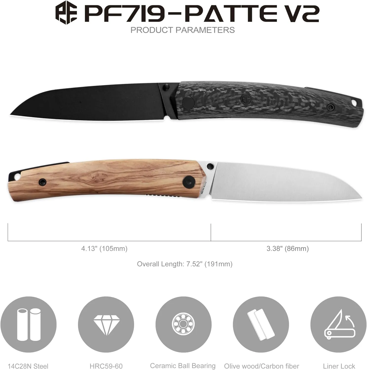 Petrified fish PF719 Folding Knife,3.38" 14C28N Steel Satin Blade, Carbon Fiber Handle Thumb Stud Liner lock Pocket knife (Carbon Fiber Satin)