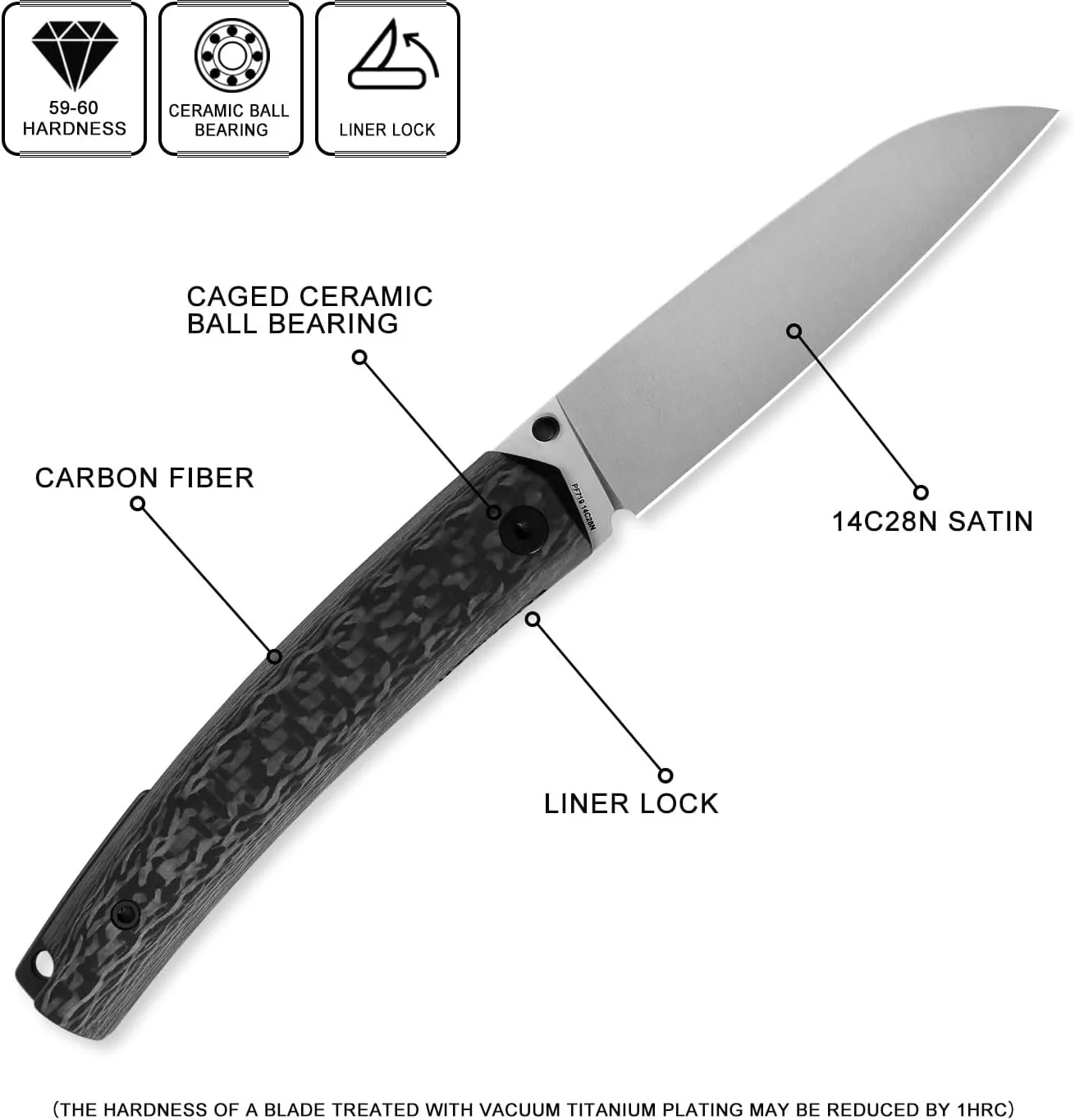 Petrified fish PF719 Folding Knife,3.38" 14C28N Steel Satin Blade, Carbon Fiber Handle Thumb Stud Liner lock Pocket knife (Carbon Fiber Satin)