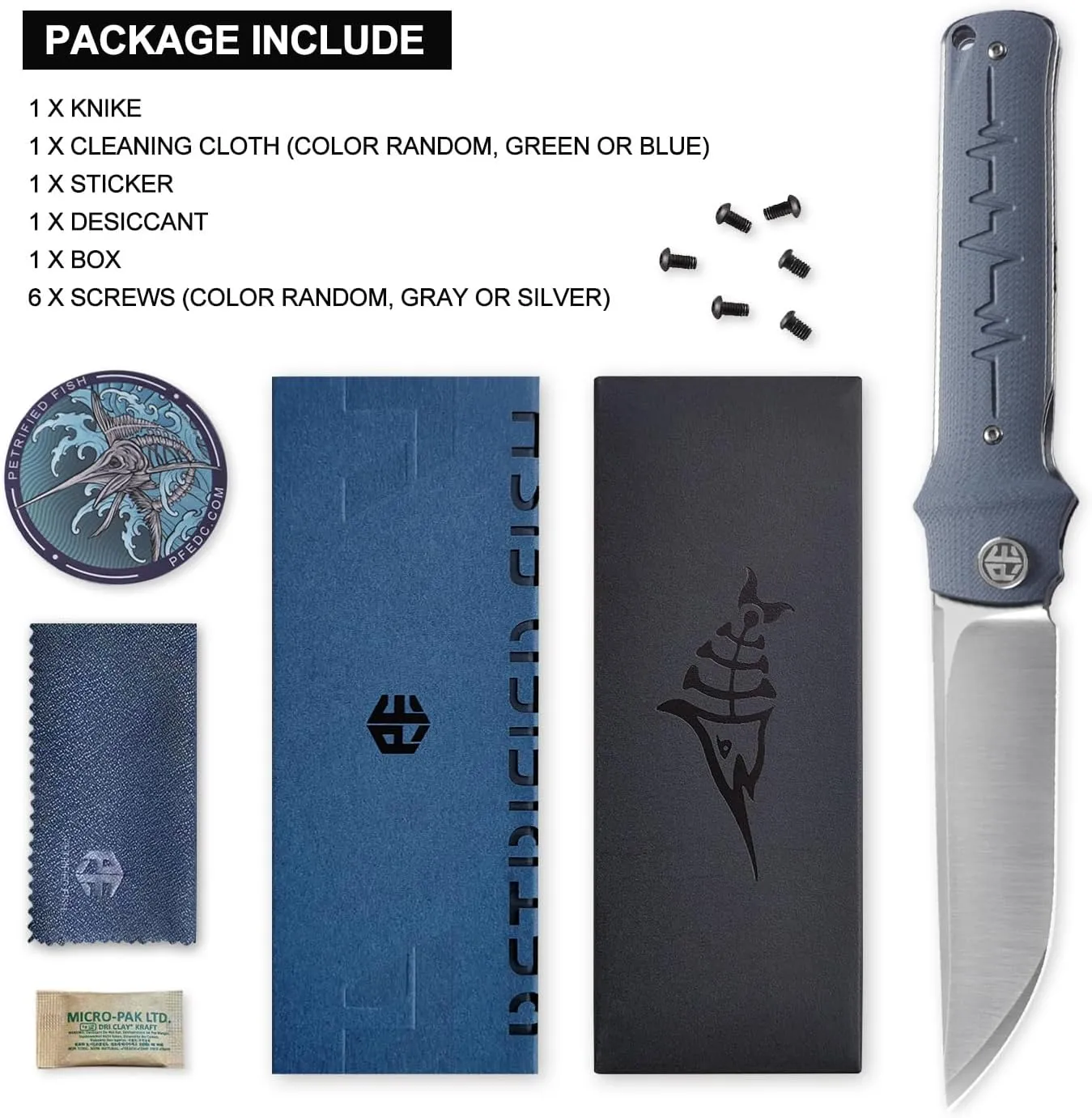 Petrified fish PFB04 Tena Folding Knife, 3.82" D2 Steel Satin Blade G10 Handle Pocket Folding knife for EDC Camping Outdoor (Gray Satin)