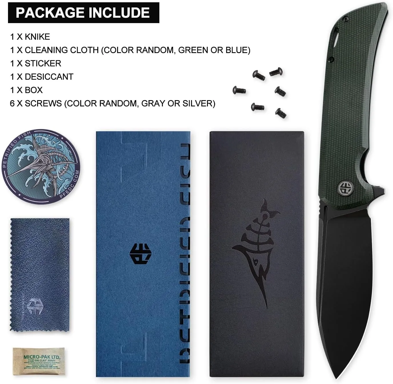Petrified fish PFB05 Tunny Folding Knife,3.86" 14C28N Steel Black Stonewashed Blade Micarta Handle Folding knife for EDC Camping Outdoor (Green Stonewashed)