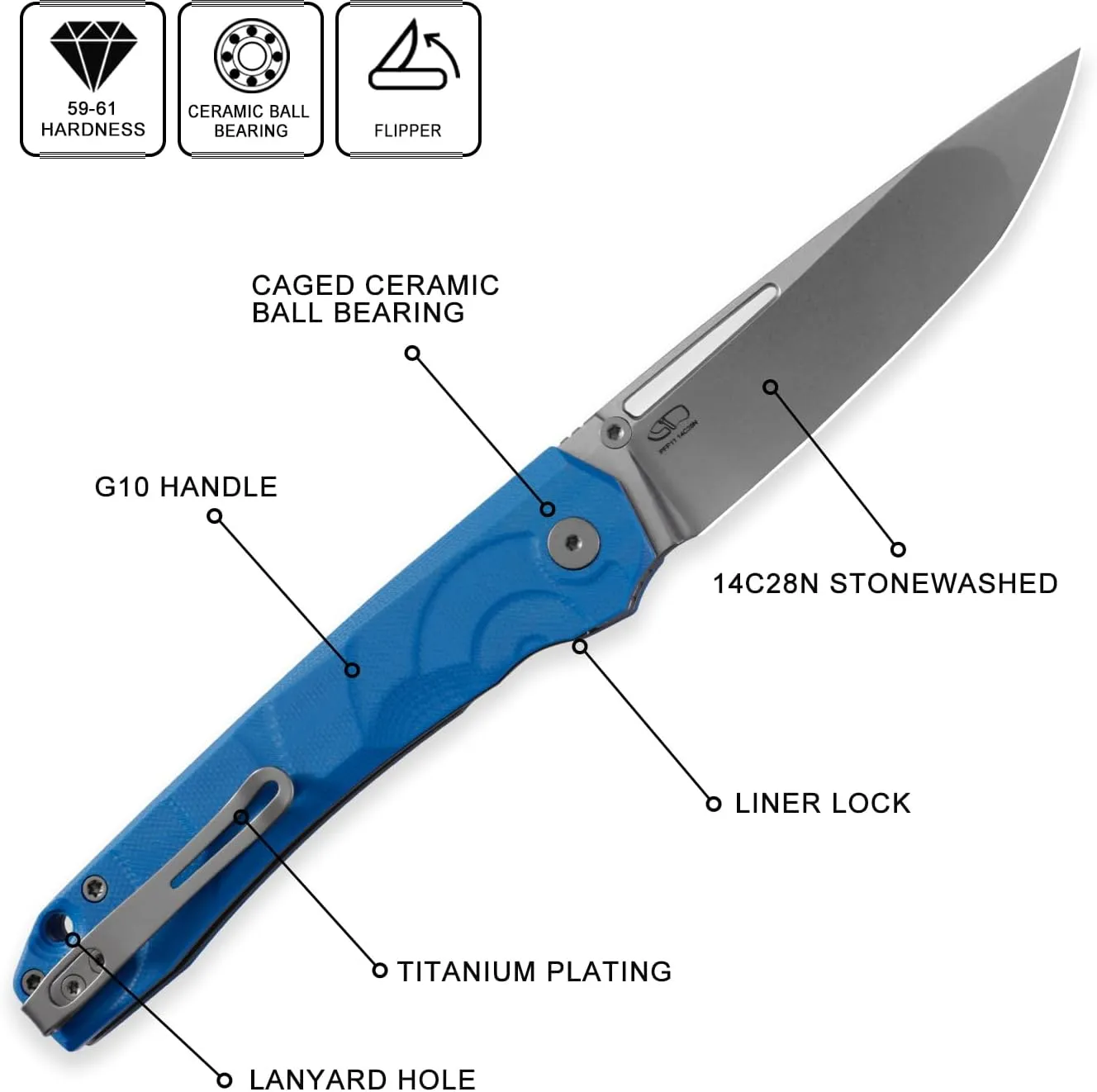 Petrified fish PFP11 Ripple Folding Knife,3.78" 14C28N Steel Hollow Blade G10 Handle Folding Pocket Knife for Camping EDC Outdoor (Blue Stonewashed)