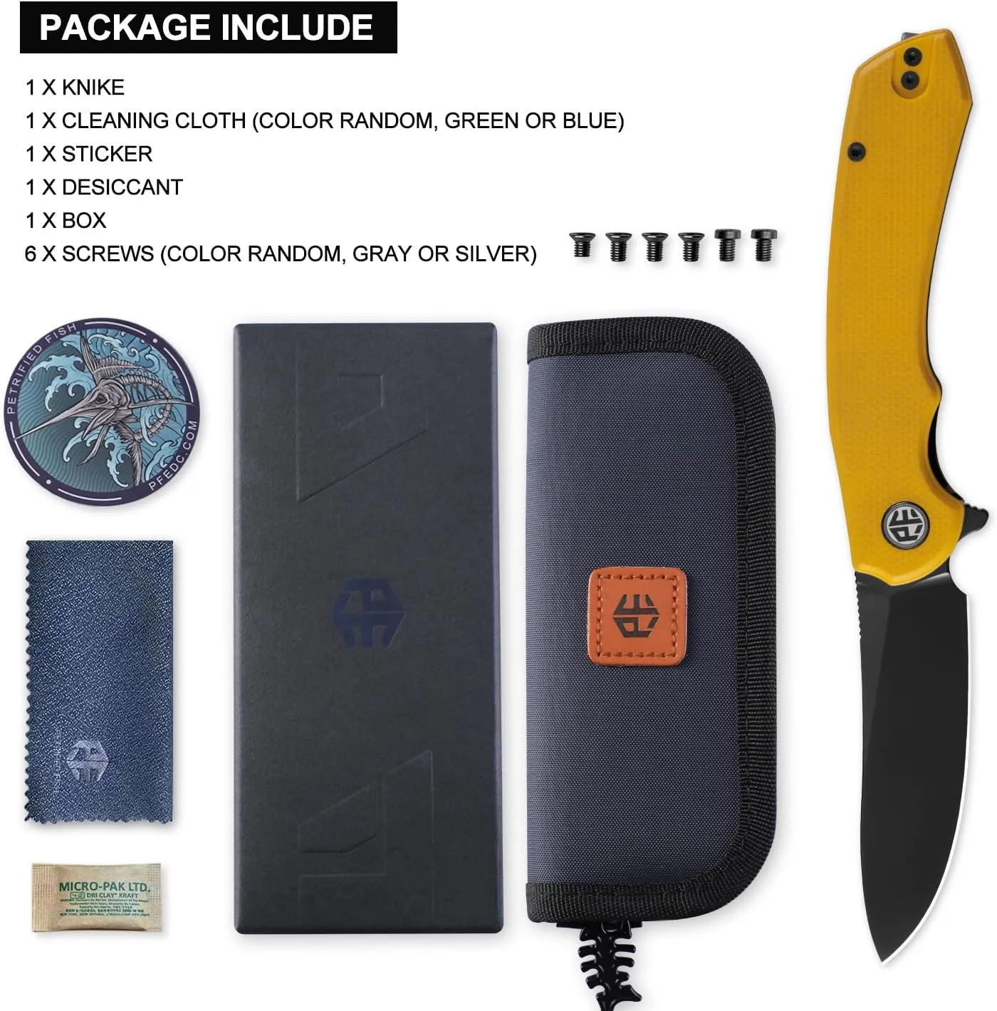 Petrified fish PFP12 WaterSpout Folding Knife,3.54" 14C28N Steel Blade G10 Handle Folding Pocket Knife for Camping EDC Outdoor (Yellow Black Stonewashed)