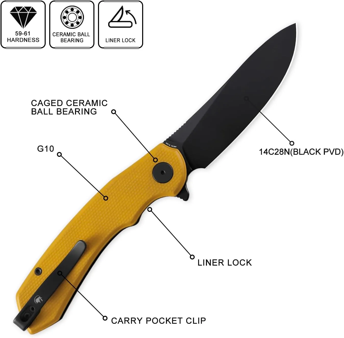 Petrified fish PFP12 WaterSpout Folding Knife,3.54" 14C28N Steel Blade G10 Handle Folding Pocket Knife for Camping EDC Outdoor (Yellow Black Stonewashed)