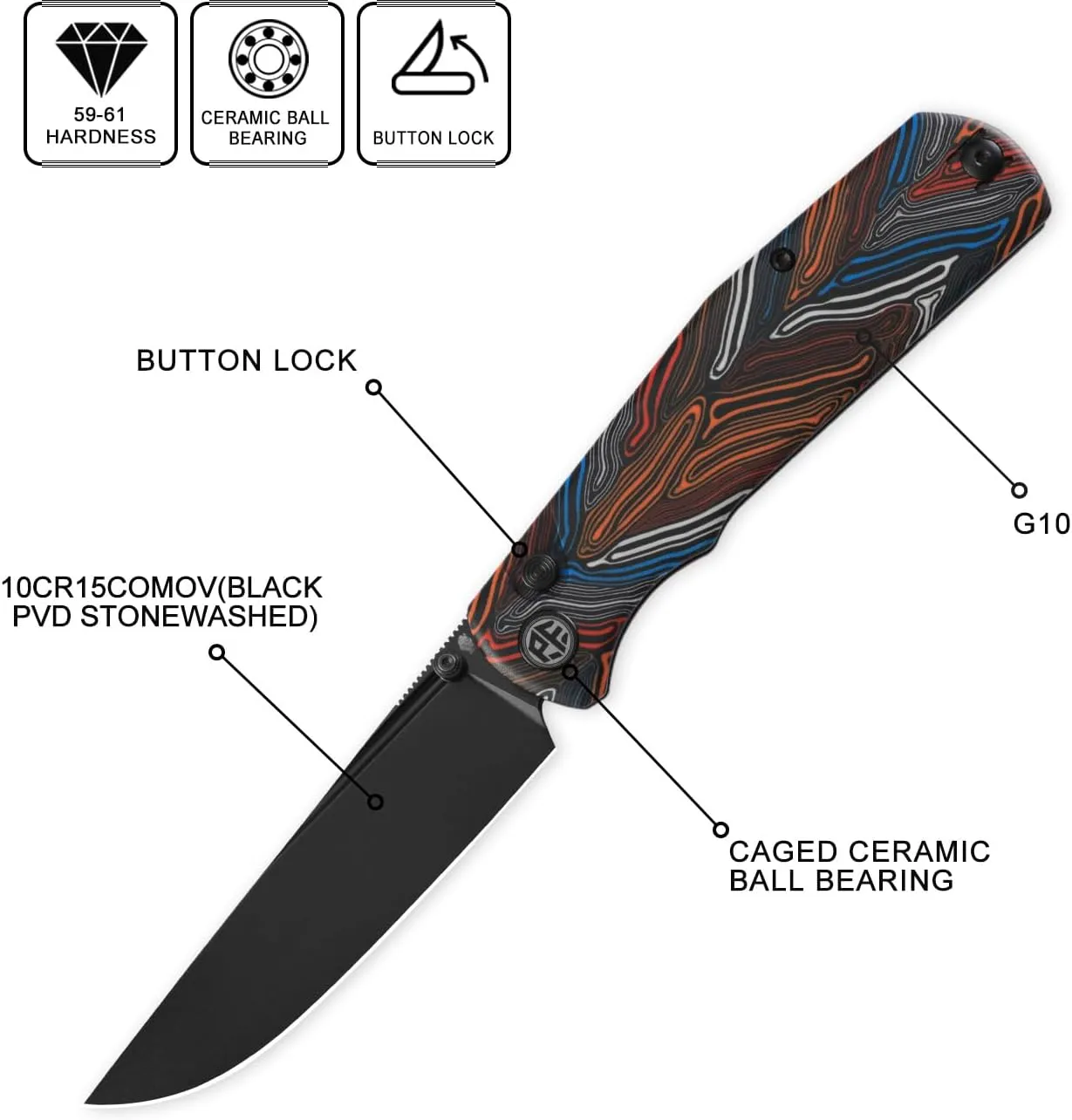 Petrified fish PFP14 Lis Folding Knife,3.90" 10Cr15CoMov Steel Black Stonewashed Blade G10 Handle Pocket Knife for Camping EDC Outdoor (Colorful Black Stonewashed)