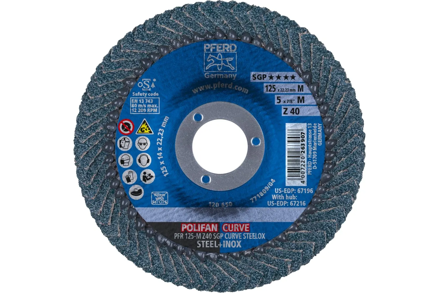 PFERD POLIFAN®-Curve Radial Type Flap Disc - 5" x 7/8", 40 Grit Zirconia, Welding Accessory and Angle Grinder Attachment - For Steel and Stainless Steel (INOX) Grinding - Pack of 2 - Part 66990