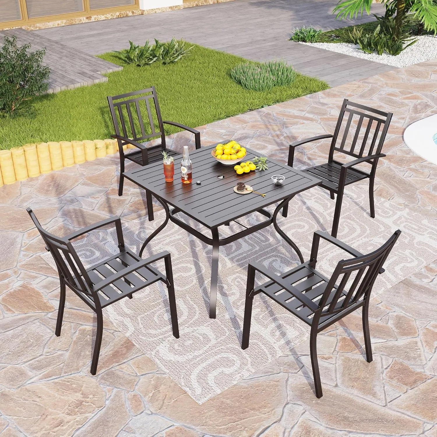 PHI VILLA 37 Inch Outdoor Dining Table Metal Steel Slat Square Patio Dining Table with 1.57" Umbrella Hole for Garden, Backyard and Porch (Classic Black)