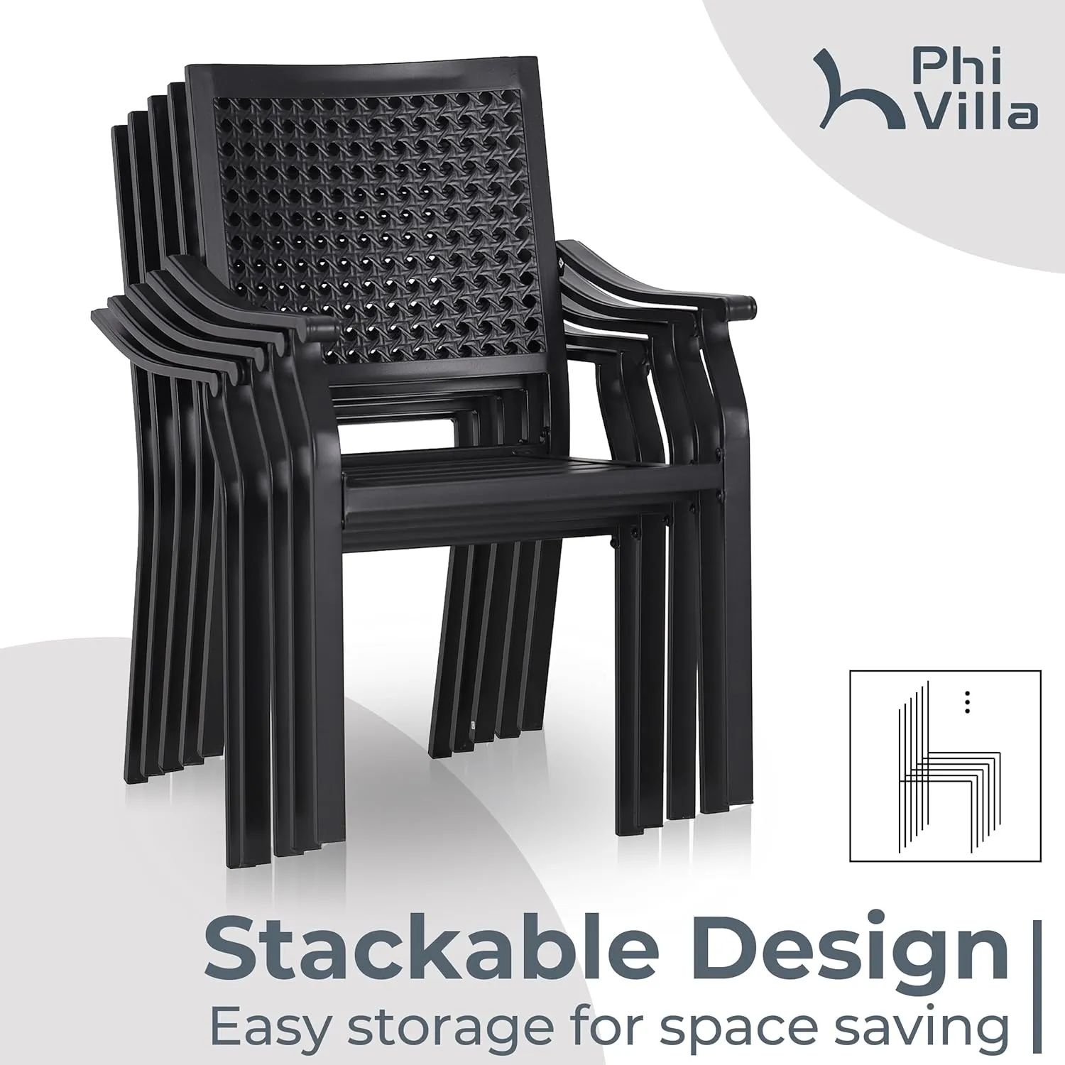 PHI VILLA Stackable Wrought Iron Patio Dining Chairs - Set of 6 Black Outdoor Chair Bistro Metal Chairs, Support 300 LBS
