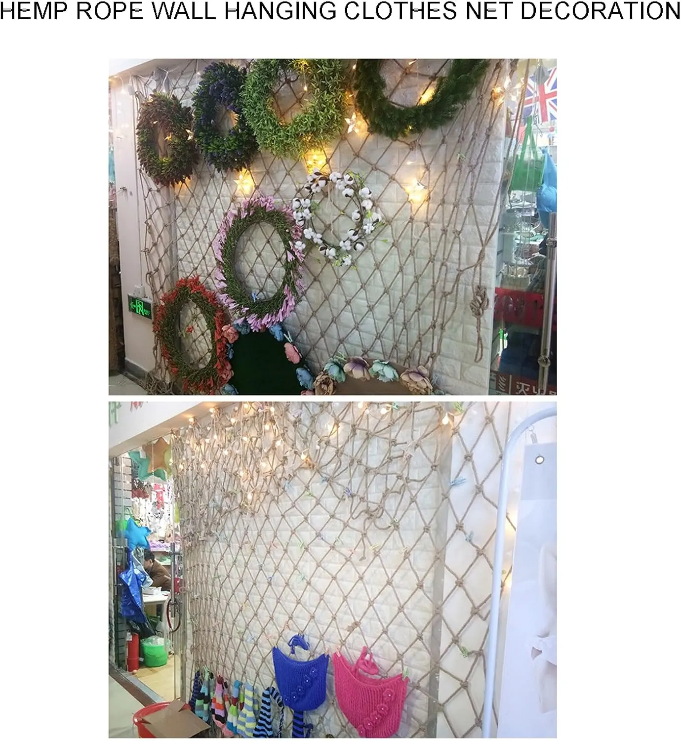 Photo Wall Decorative Net 4mm/15cm, Hemp Rope Climbing Cargo Net Safety Plant Support Net Children Outdoor Climbing Net Stairs Balcony Safety Net Railing Garden,1MX2M(3.3X6.6FT)