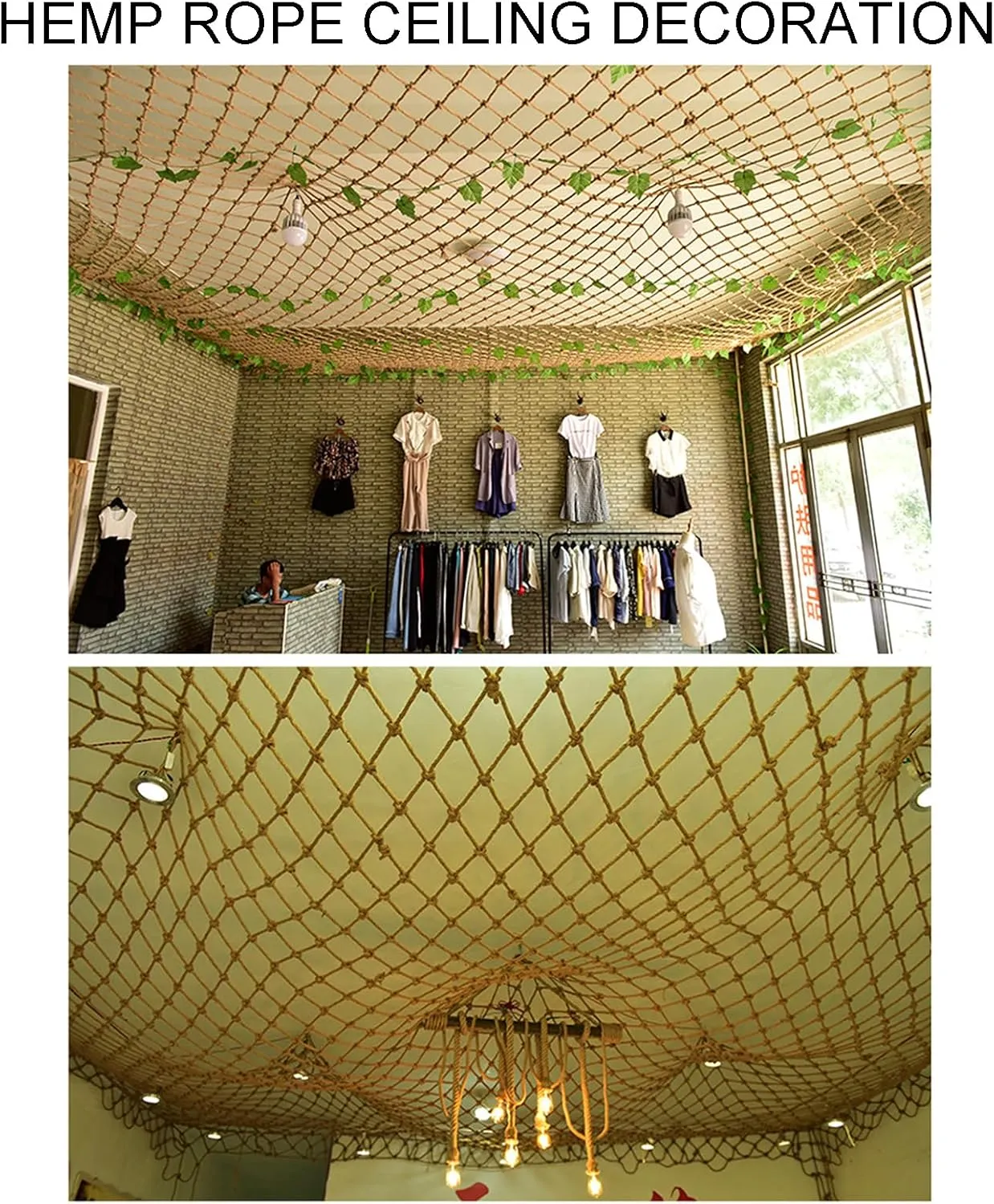 Photo Wall Decorative Net 4mm/15cm, Hemp Rope Climbing Cargo Net Safety Plant Support Net Children Outdoor Climbing Net Stairs Balcony Safety Net Railing Garden,1MX2M(3.3X6.6FT)
