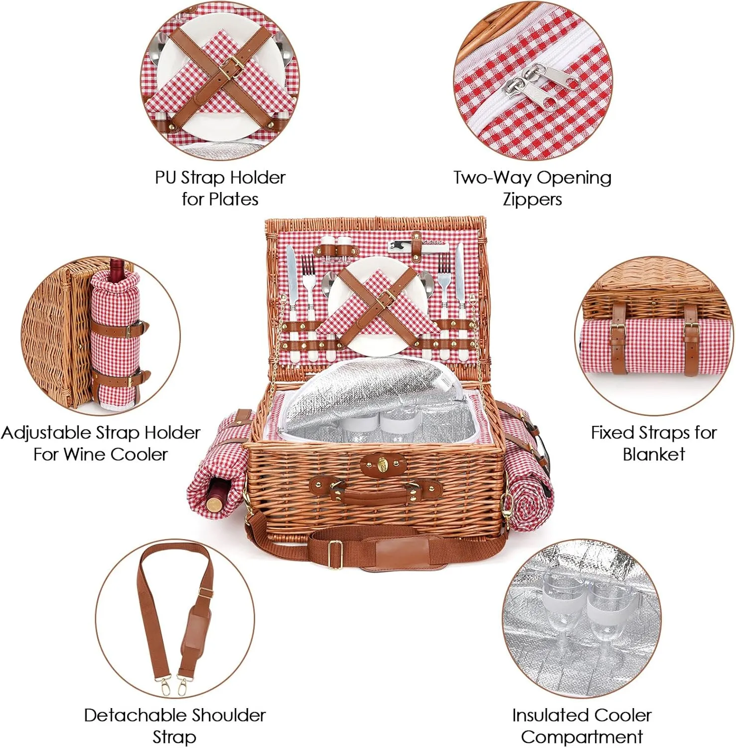Picnic Basket for 2, Picnic Baskets with Waterproof Blanket, Picnic Hamper Set with Washable Beach Mat & Large Insulated Cooler Compartment, Handmade Natural Wicker Hamper for Camping, Outdoor Party