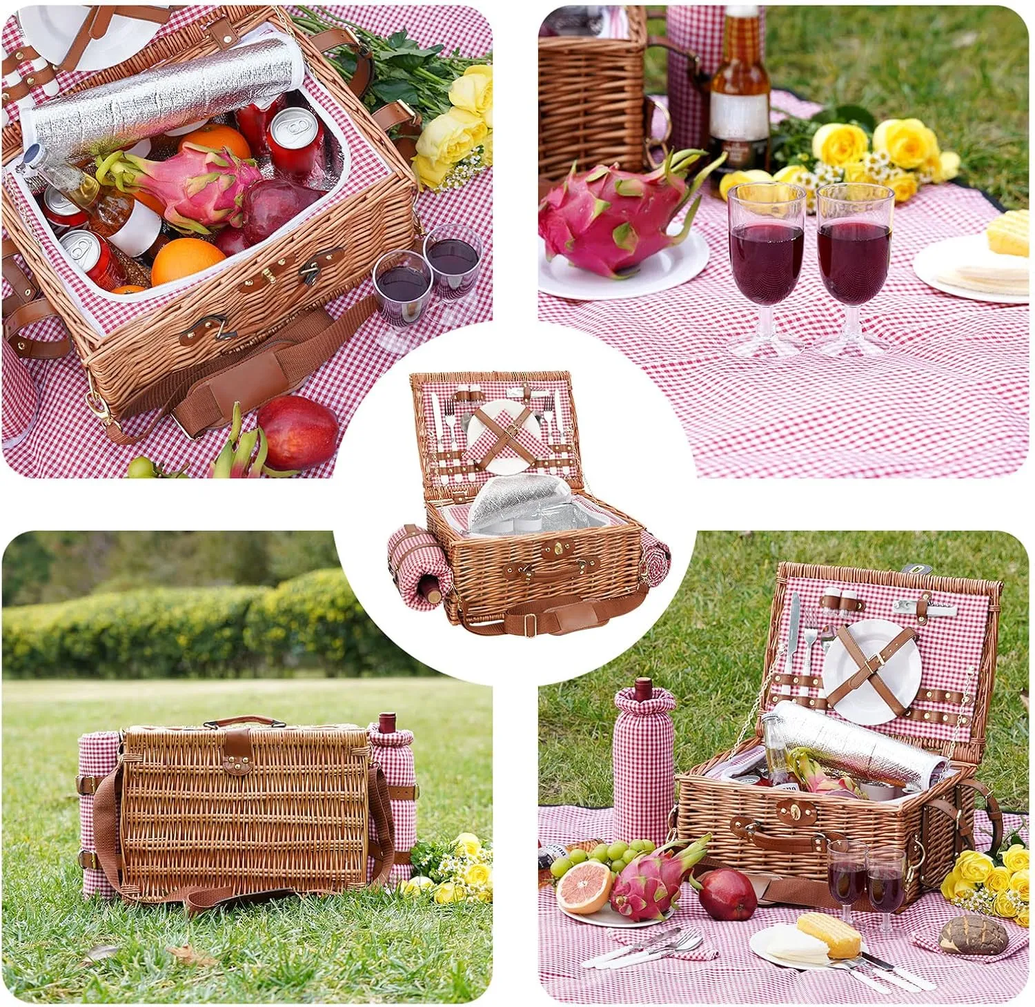 Picnic Basket for 2, Picnic Baskets with Waterproof Blanket, Picnic Hamper Set with Washable Beach Mat & Large Insulated Cooler Compartment, Handmade Natural Wicker Hamper for Camping, Outdoor Party