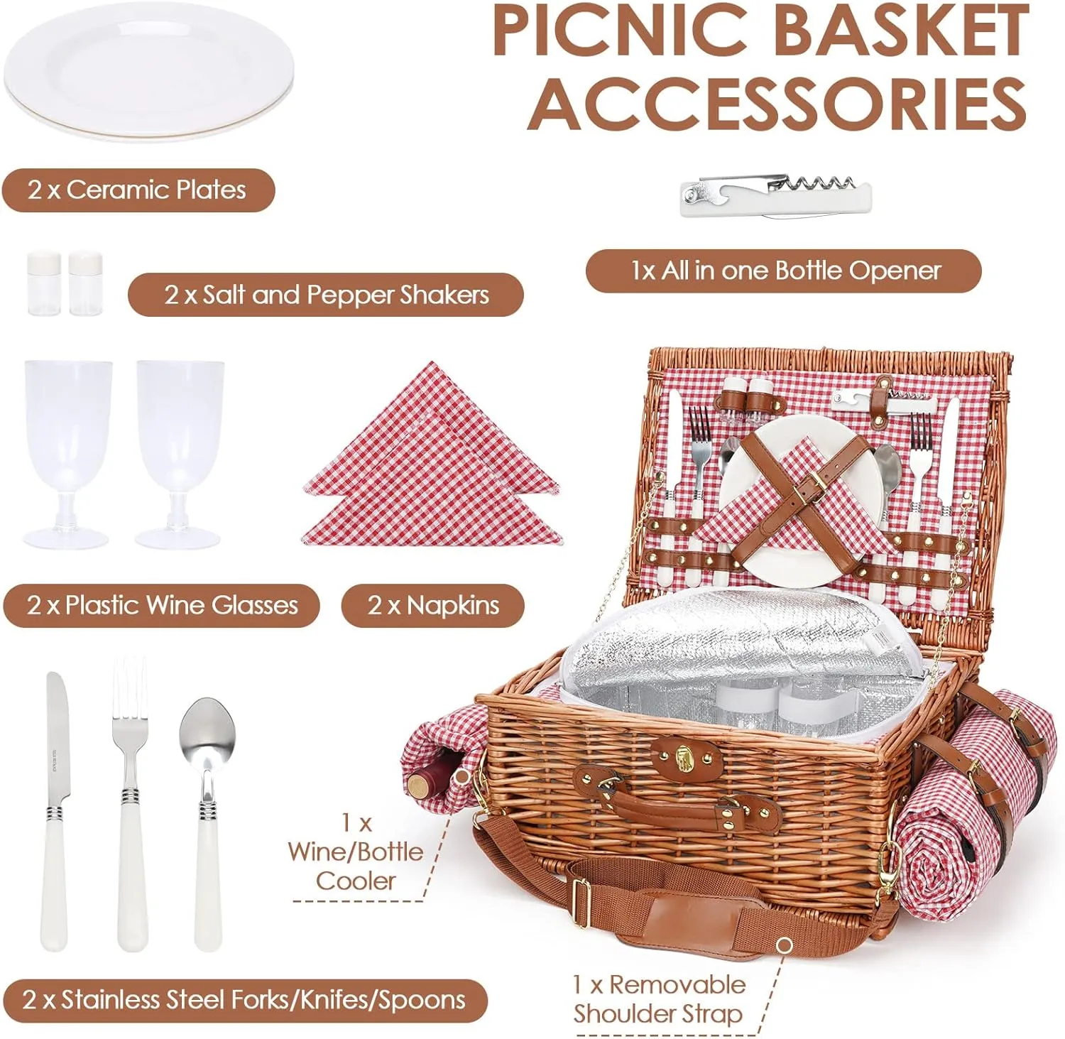 Picnic Basket for 2, Picnic Baskets with Waterproof Blanket, Picnic Hamper Set with Washable Beach Mat & Large Insulated Cooler Compartment, Handmade Natural Wicker Hamper for Camping, Outdoor Party