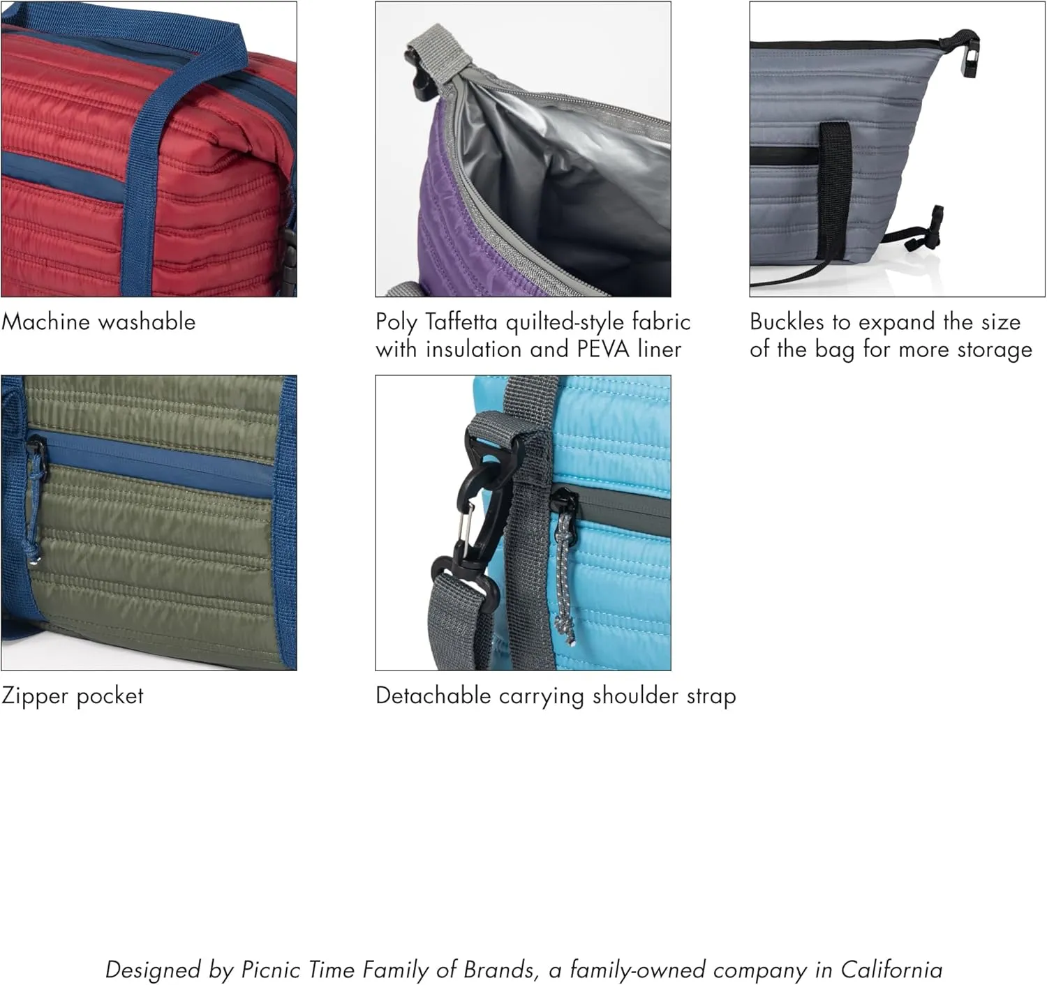 PICNIC TIME Midday Quilted Washable Insulated Lunch Bag, Soft-sided Lunch Box, Lunch Cooler Bag, (Shale Brown)