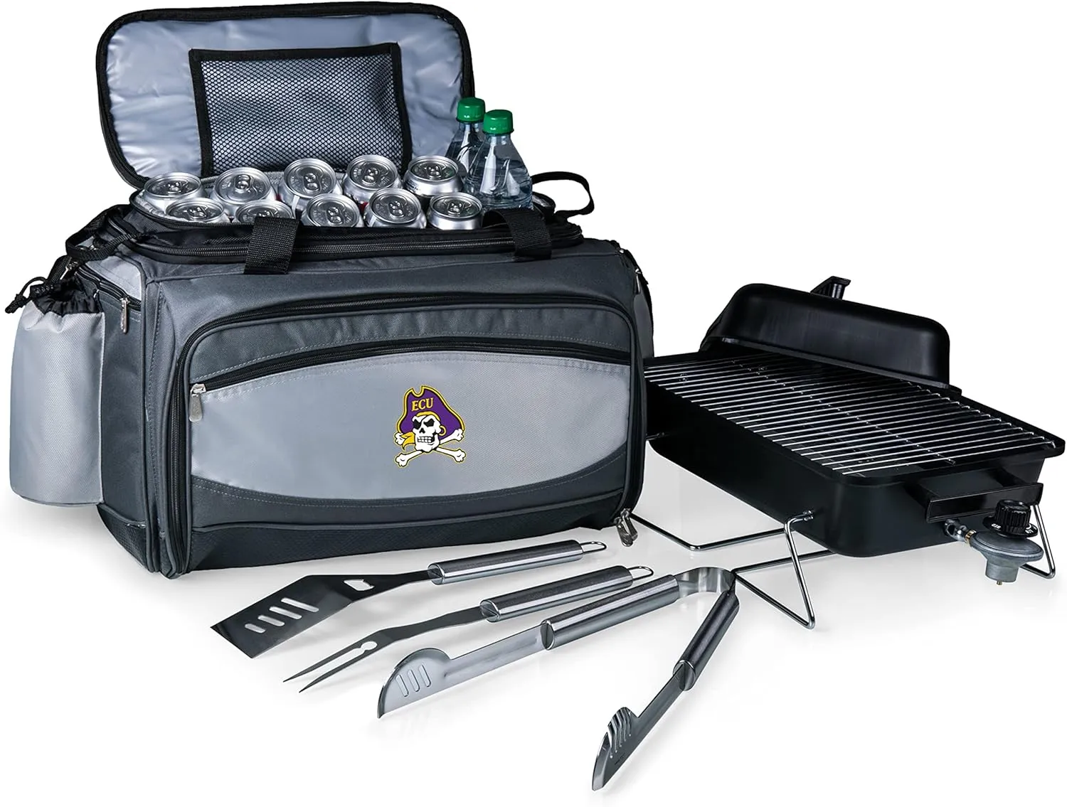 PICNIC TIME NCAA East Carolina Pirates Vulcan Portable Propane Grill & Cooler Tote, Portable Tabletop Gas Grill, (Black with Gray Accents)