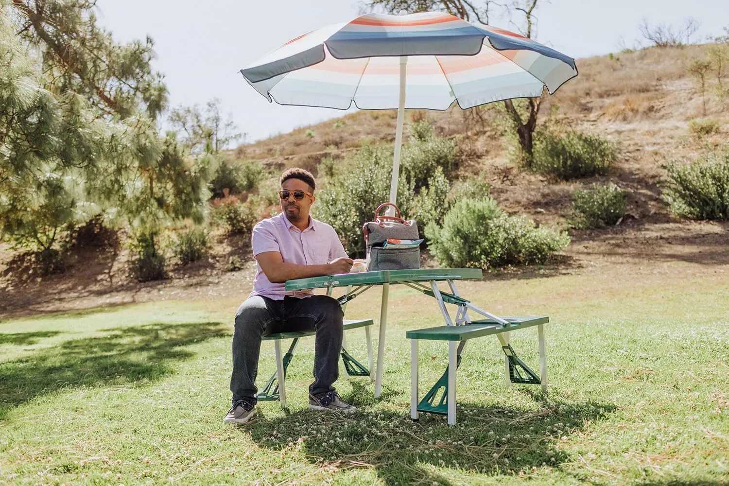 PICNIC TIME NFL Picnic Table Portable Folding Table with Seats and Umbrella