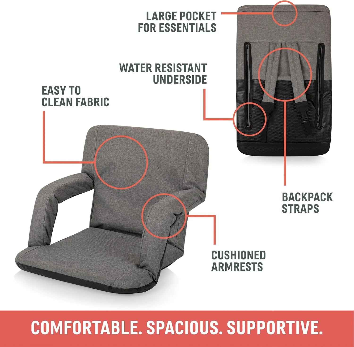 PICNIC TIME ONIVA - a Brand Ventura Reclining Stadium Seat with Back Support - Bleacher Seat - Beach Floor Chair, (Burgundy)