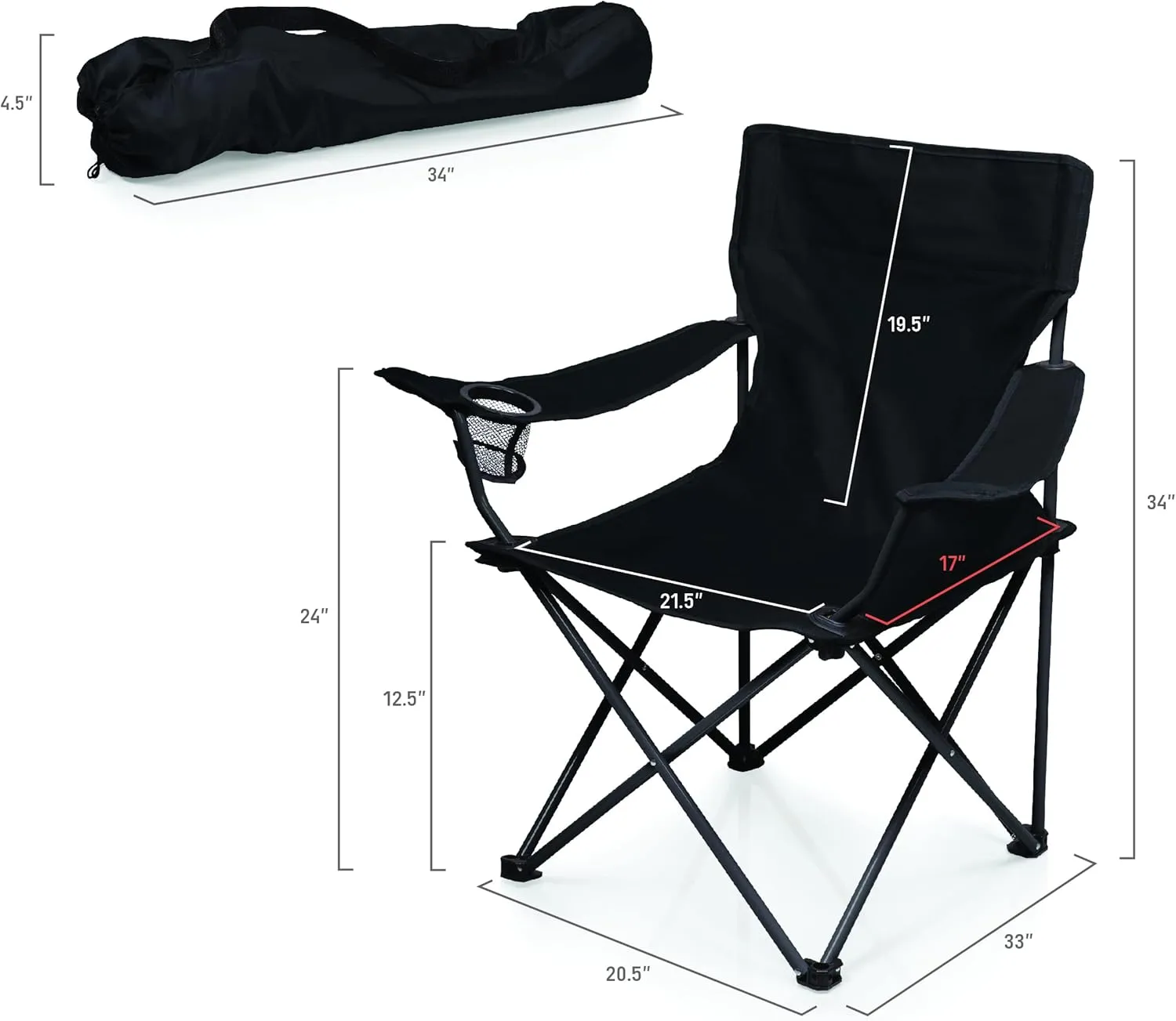 Picnic TIME PTZ Camp Chair, Picnic Chair, Beach Chair with Carrying Bag