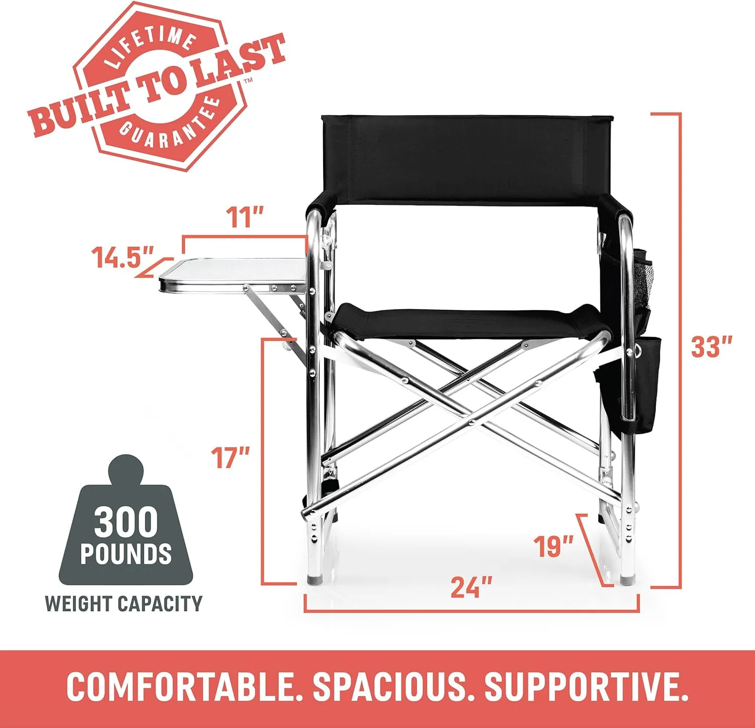 PICNIC TIME Sports Chair with Side Table, Beach Chair, Camp Chair for Adults, Camping Chair, (Navy Blue)