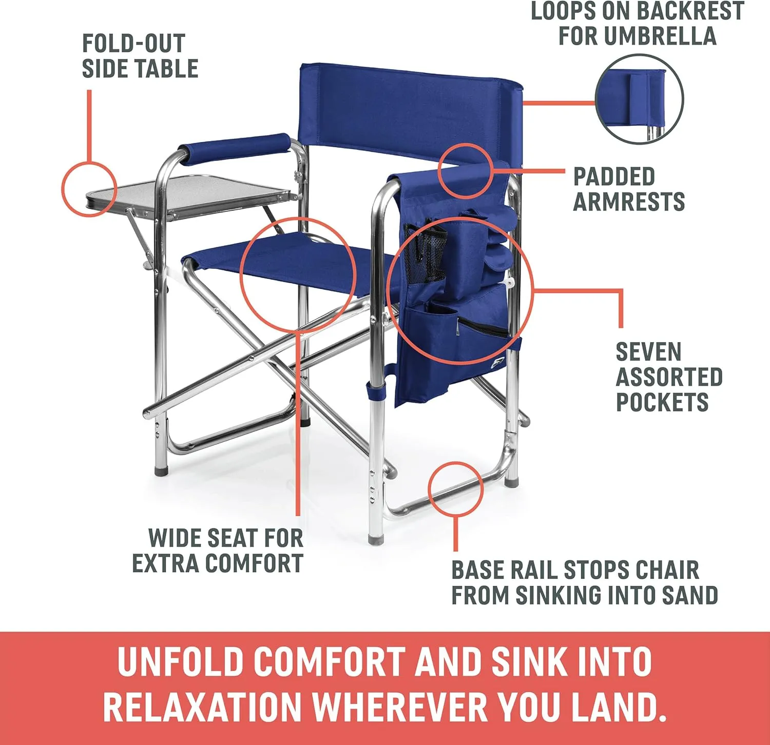 PICNIC TIME Sports Chair with Side Table, Beach Chair, Camp Chair for Adults, Camping Chair, (Navy Blue)