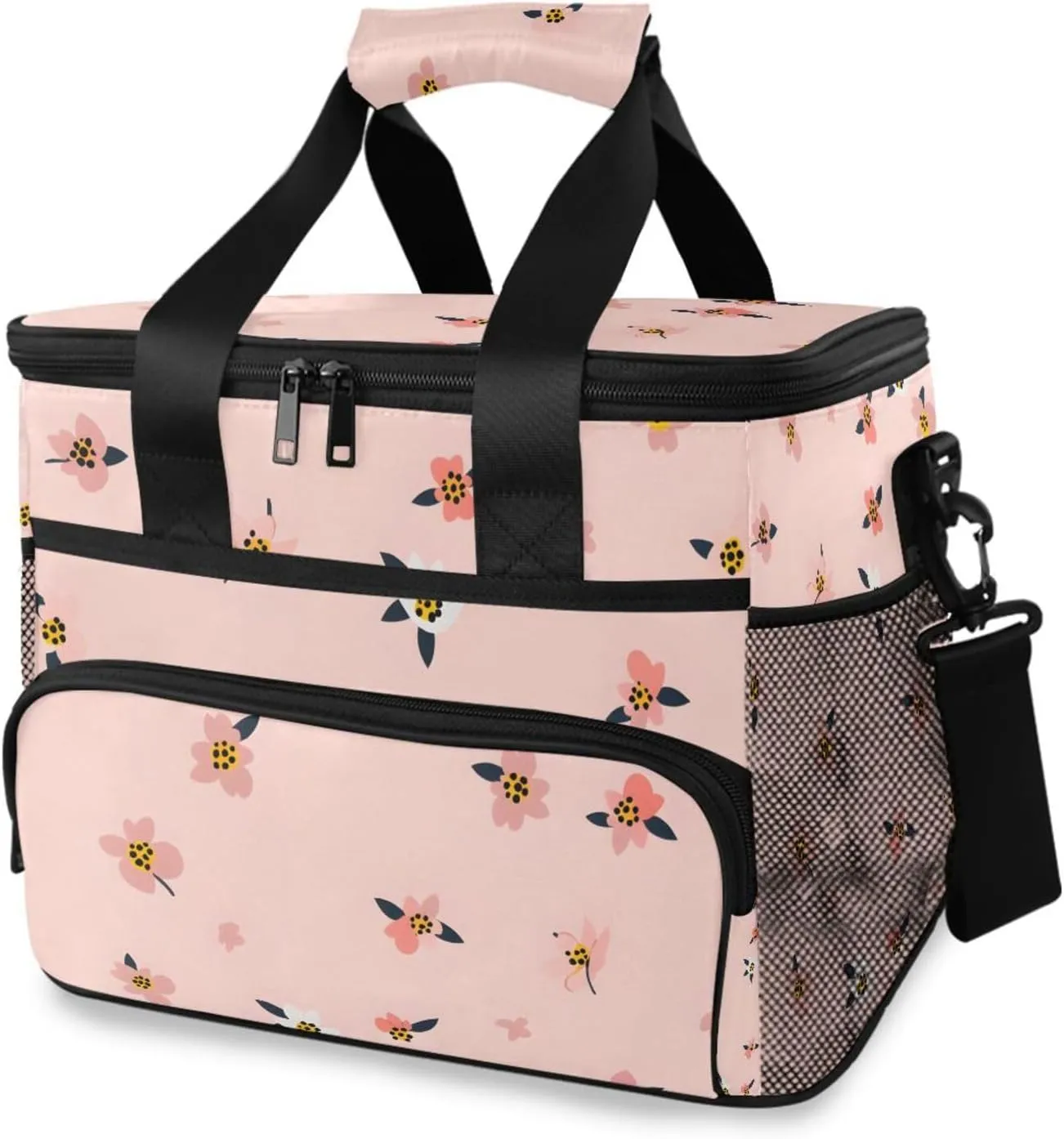 Pink Flowers Leaf Cooler Bag Insulated Cooler Soft Sided Cooler 24 Can Portable Picnic Bag Large Leakproof Lunch Bag Box for Beach Grocery Camping Travel Car Men Women