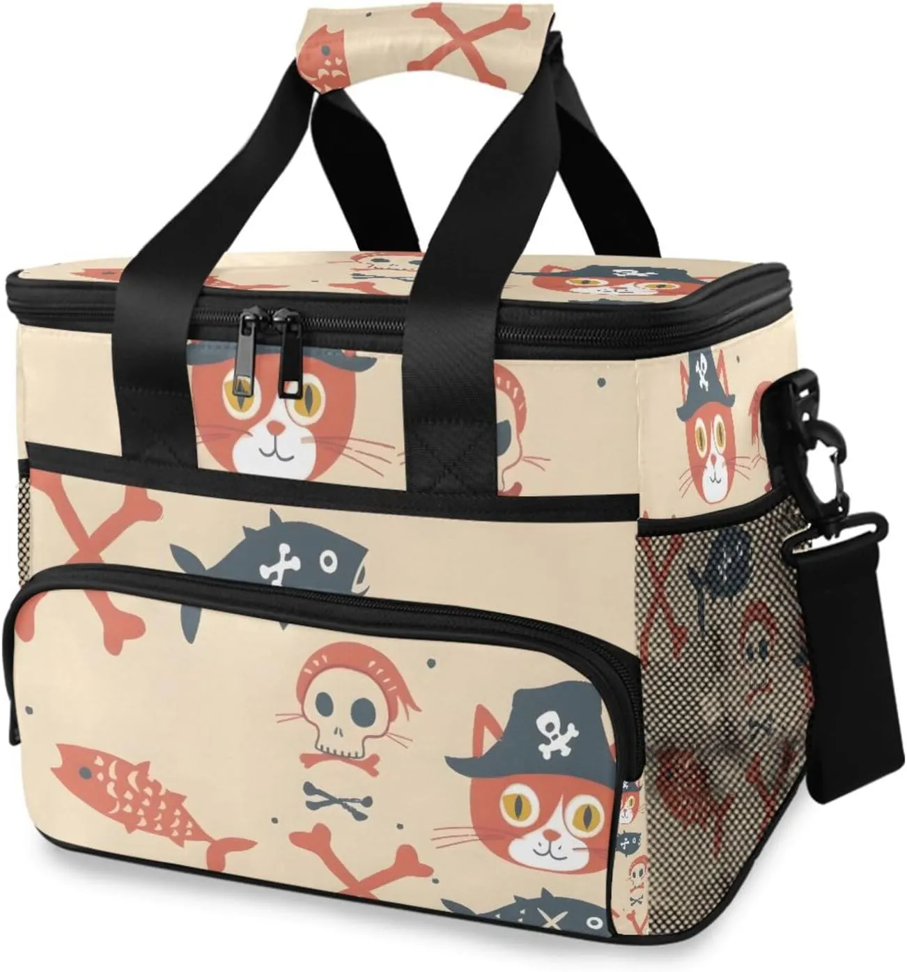 Pirate Cat Skeleton Cooler Bag Insulated Cooler Soft Sided Cooler 24 Can Portable Picnic Bag Large Leakproof Lunch Bag Box for Beach Grocery Camping Travel Car Men Women