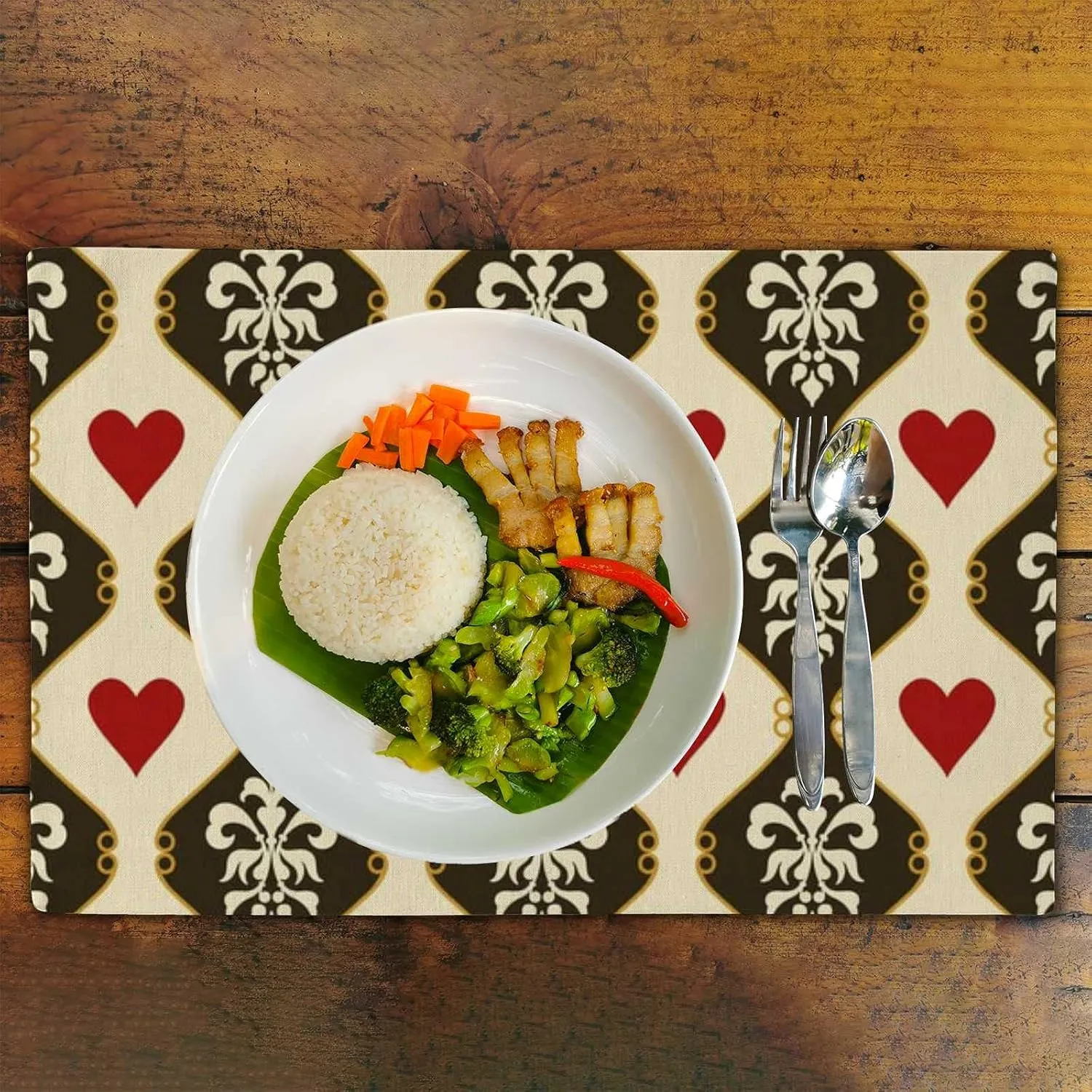 Placemats for Dining Table Mats Heat-Resistant Linen Victorian Hearts Placemats Set Washable Kitchen Counter Protector Easy to Clean