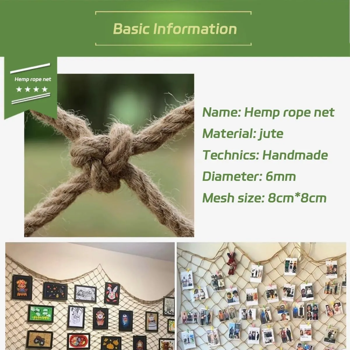Plant Climbing Rope Netting for Plants and Flowers，Jute Rope Net for Indoor and Outdoor Decoration, Cafes, Bookstores, Parties(7Mx8M)