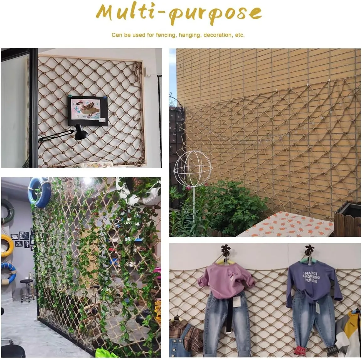 Plant Climbing Rope Netting for Plants and Flowers，Jute Rope Net for Indoor and Outdoor Decoration, Cafes, Bookstores, Parties(7Mx8M)