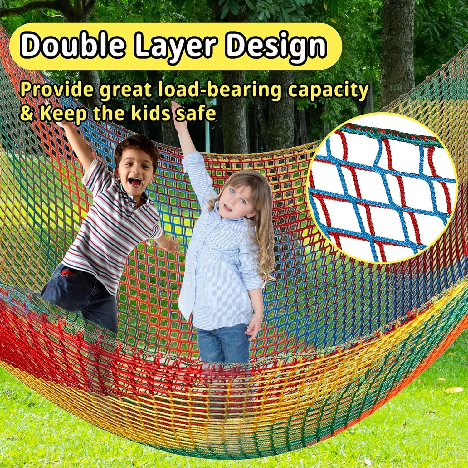 Playground Safety Net 6.5' x 9.8', Double Layers Climbing Cargo Net for Kids, Multicolored Playground Net for Tree House, Obstacle Training, Back Yard