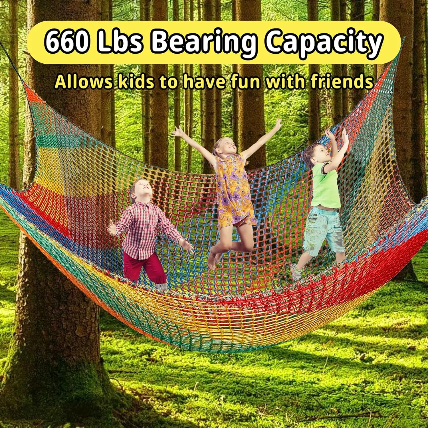 Playground Safety Net 6.5' x 9.8', Double Layers Climbing Cargo Net for Kids, Multicolored Playground Net for Tree House, Obstacle Training, Back Yard