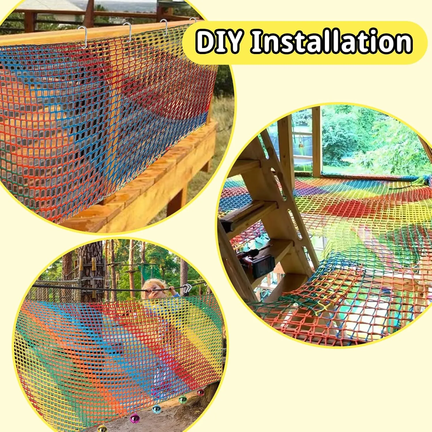 Playground Safety Net 6.5' x 9.8', Double Layers Climbing Cargo Net for Kids, Multicolored Playground Net for Tree House, Obstacle Training, Back Yard