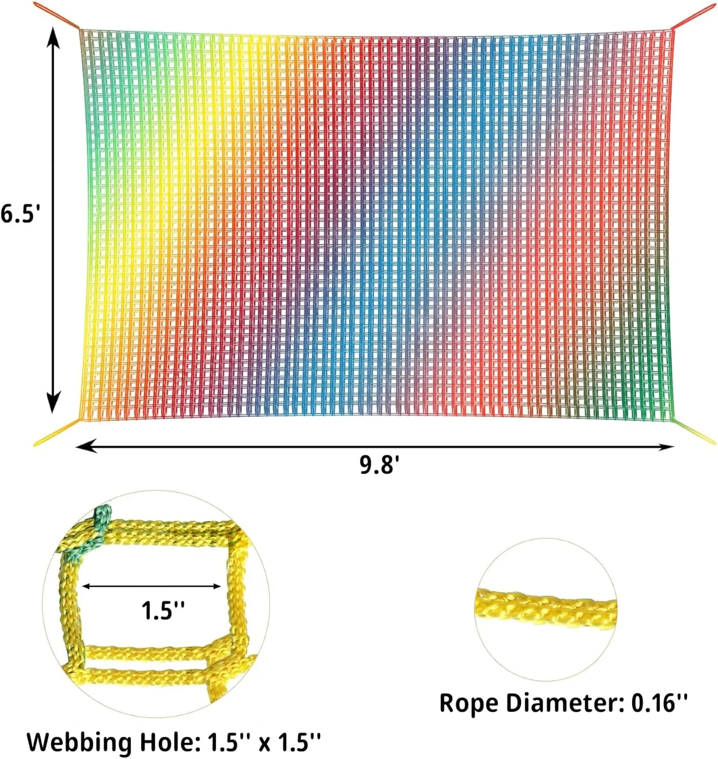 Playground Safety Net 6.5' x 9.8', Double Layers Climbing Cargo Net for Kids, Multicolored Playground Net for Tree House, Obstacle Training, Back Yard