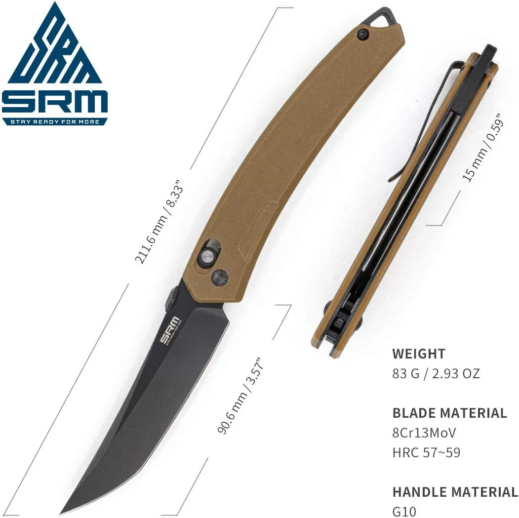 Pocket Folding Knife, Ambidextrous Lock, G10 Handle, Pocket Clip, deisnged for EDC, Survival, Outdoor Uses. SRM (Tan)