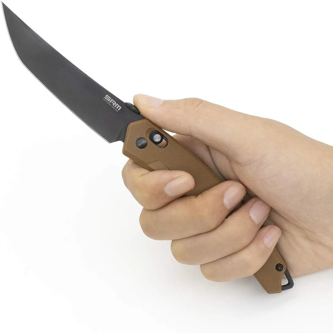 Pocket Folding Knife, Ambidextrous Lock, G10 Handle, Pocket Clip, deisnged for EDC, Survival, Outdoor Uses. SRM (Tan)