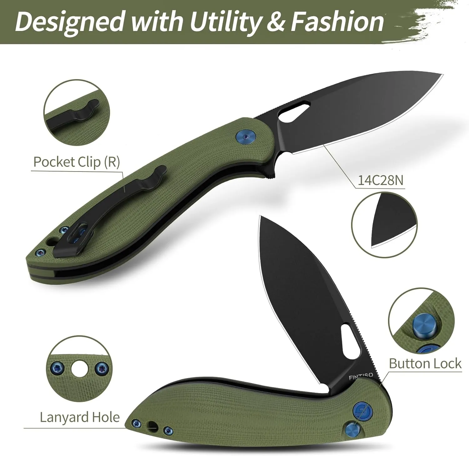 Pocket Knife, 3.1" Premium 14C28N Blade Folding Knife with Button Lock, EDC Knife with G10 Handle for Camping, Hunting, Survival, Best Gift for Men Women