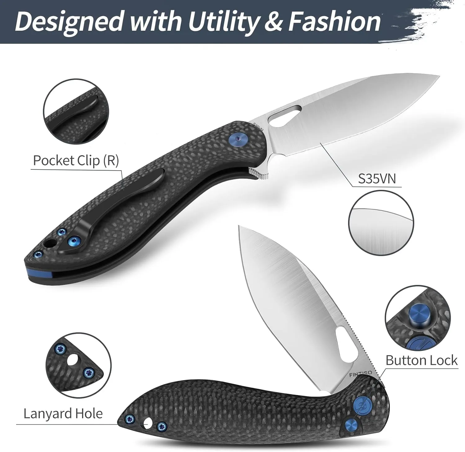 Pocket Knife, 3.1" Unique S35VN Blade Folding Knife with Button Lock, EDC Knife with Carbon Fiber Handle for Camping, Hunting, Survival, Best Gift for Men Women-COBRA series