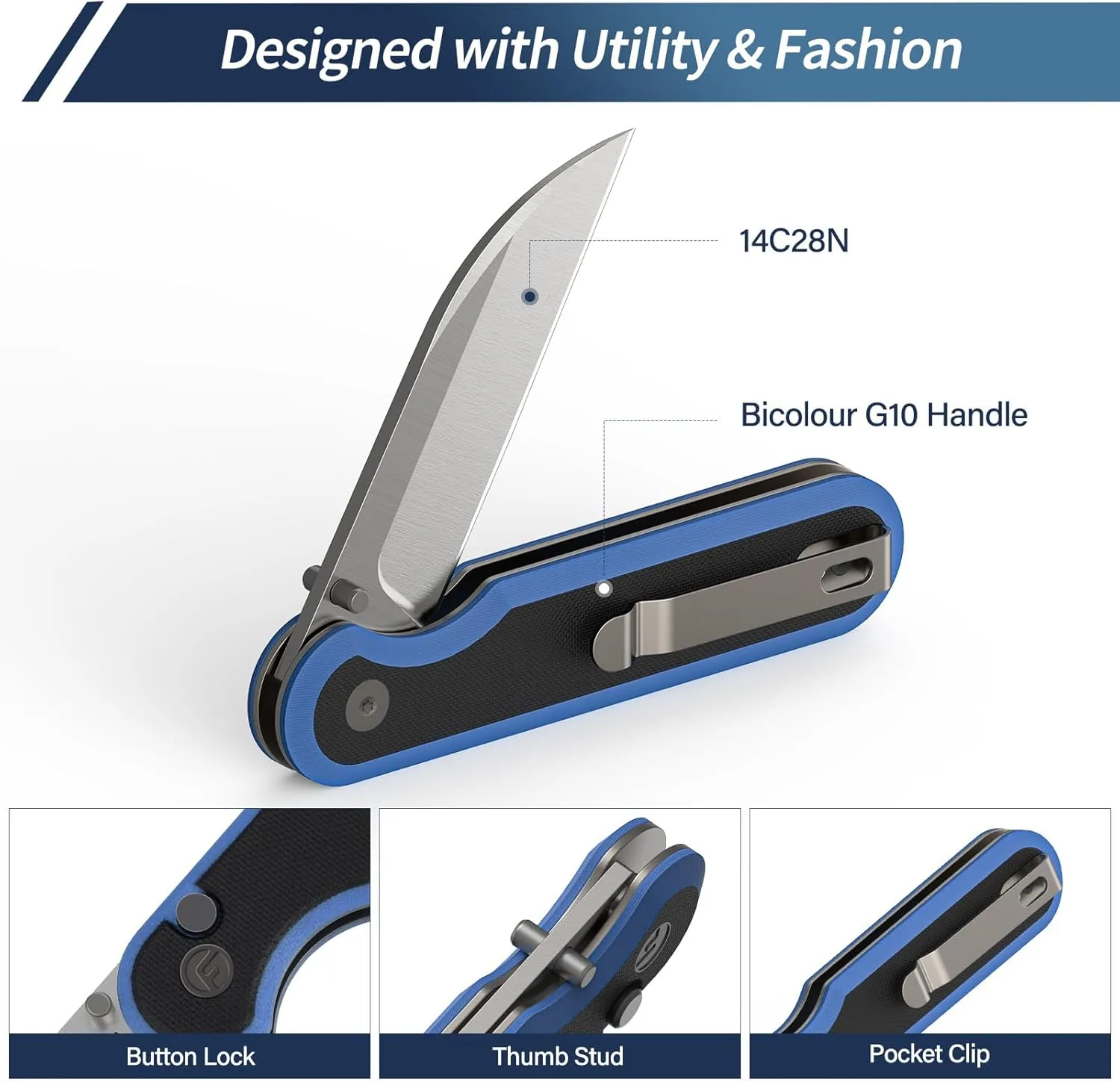 Pocket Knife, 3" 14C28N Blade EDC Knife with G10 Handle, Folding Knife with Pocket Clip for Outdoor Camping, Hunting, Hiking, Survival, Parrot Series