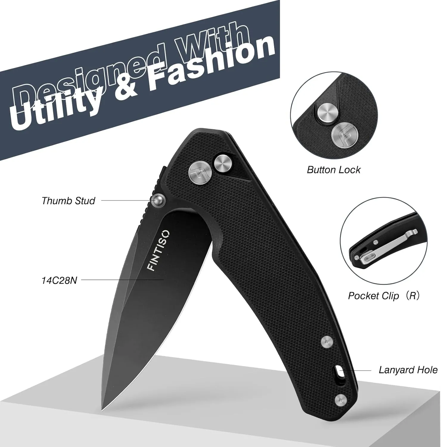 Pocket Knife, 3" 14C28N Steel Blade G10 Handle Small EDC knife with Button Lock, Sharp Folding Knife with Pocket Clip for Camping, Survival, Hunting