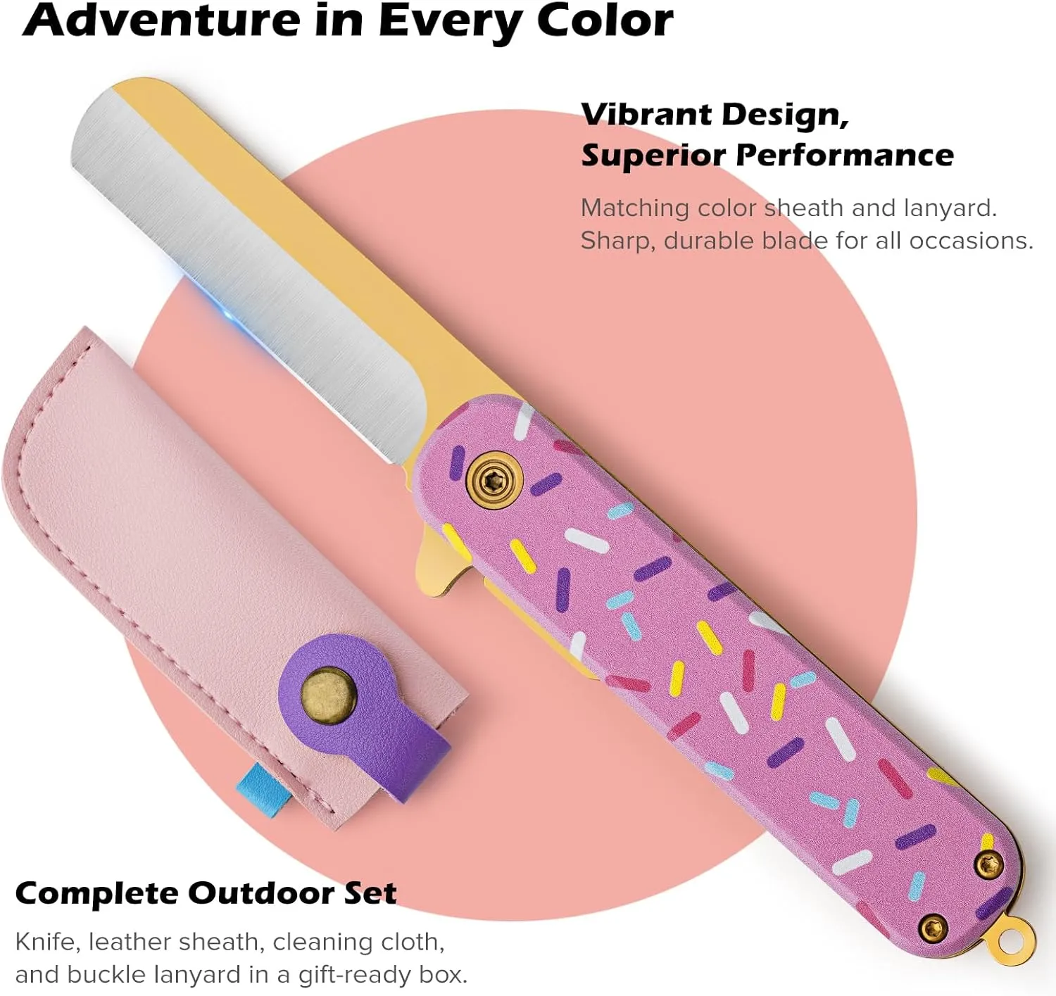 Pocket Knife Set with Clip & Sheath, Lanyard, First Pocket Folding Knife with Rounded Tip for Boys/Girls, Beginner, Black Oxidized Blade 420J2 Stainless Steel-Candy Pattern Handle