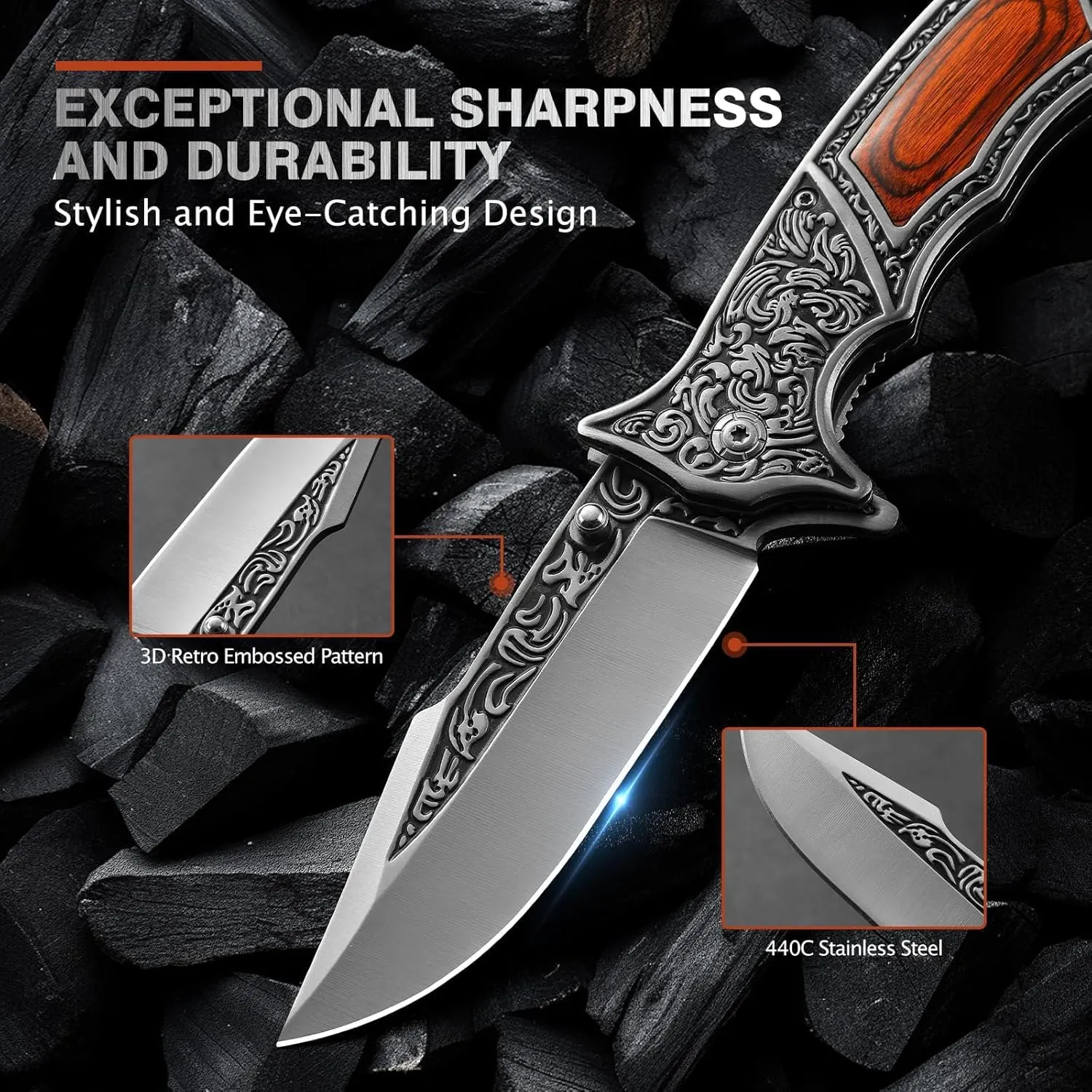 Pocket Knife with Sheath and Clip, 440C Stainless Steel Folding Knife 3D Retro Embossed Pattern, Gifts Christmas, Birthday, Father's Day (D-J37)